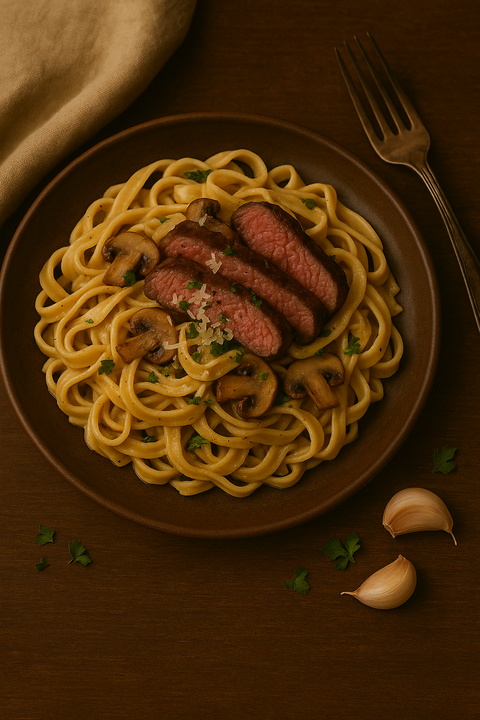 Romige pasta met biefstuk en champignons